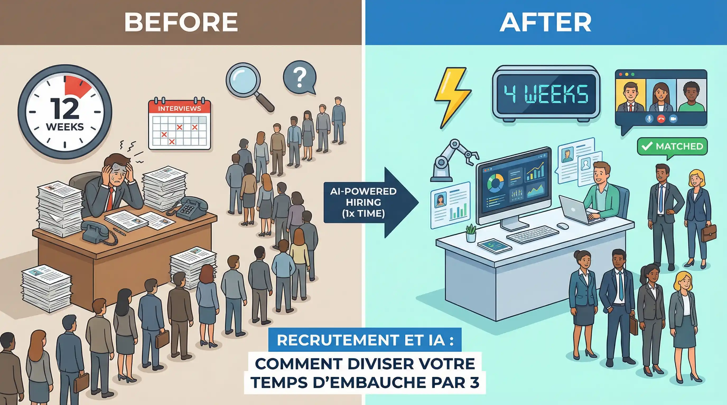 Pipeline de recrutement automatisé par IA avec les 4 étapes du sourcing au planning