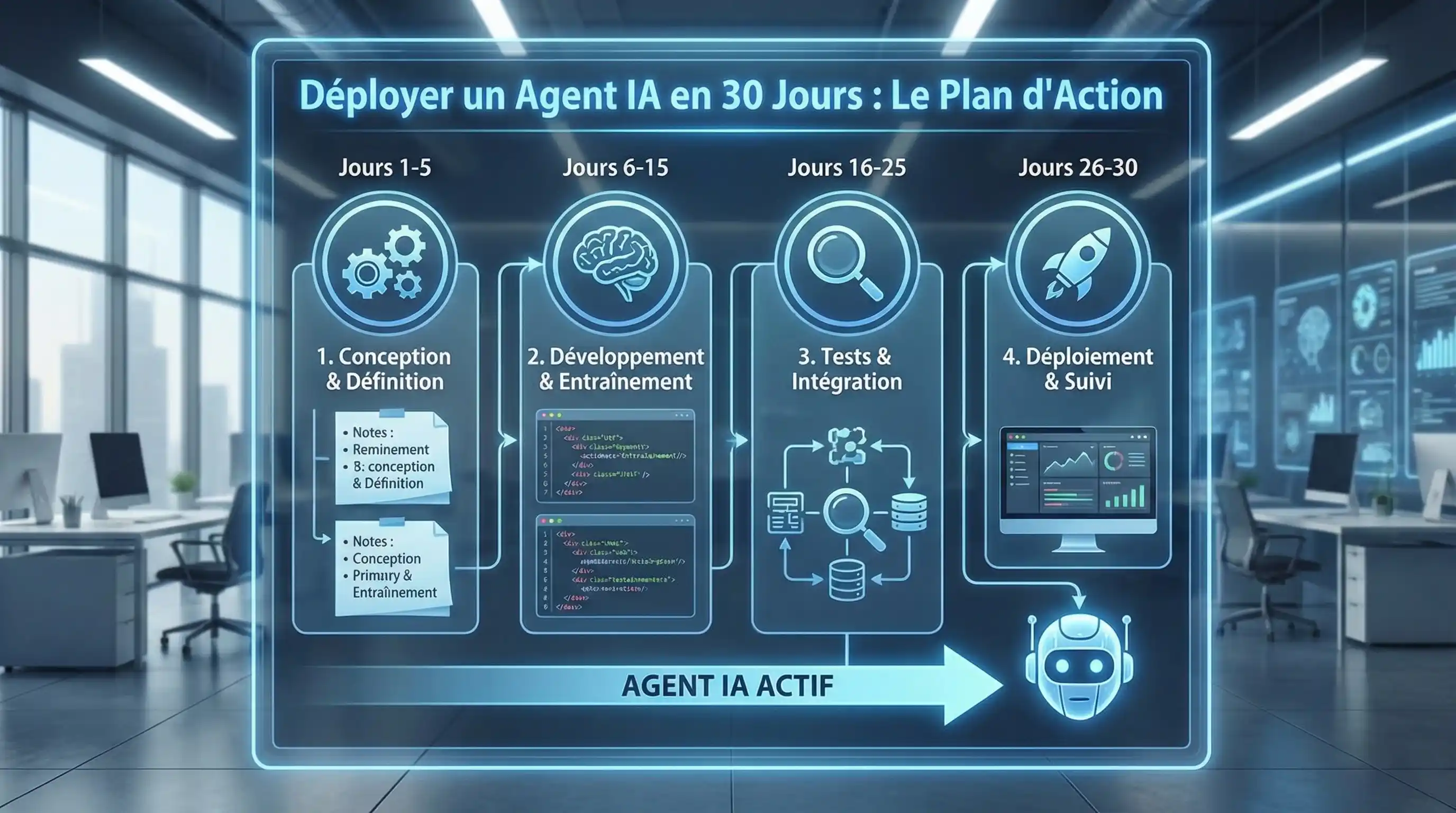 Timeline de 30 jours pour déployer un agent IA : stratégie, stack, build, lancement