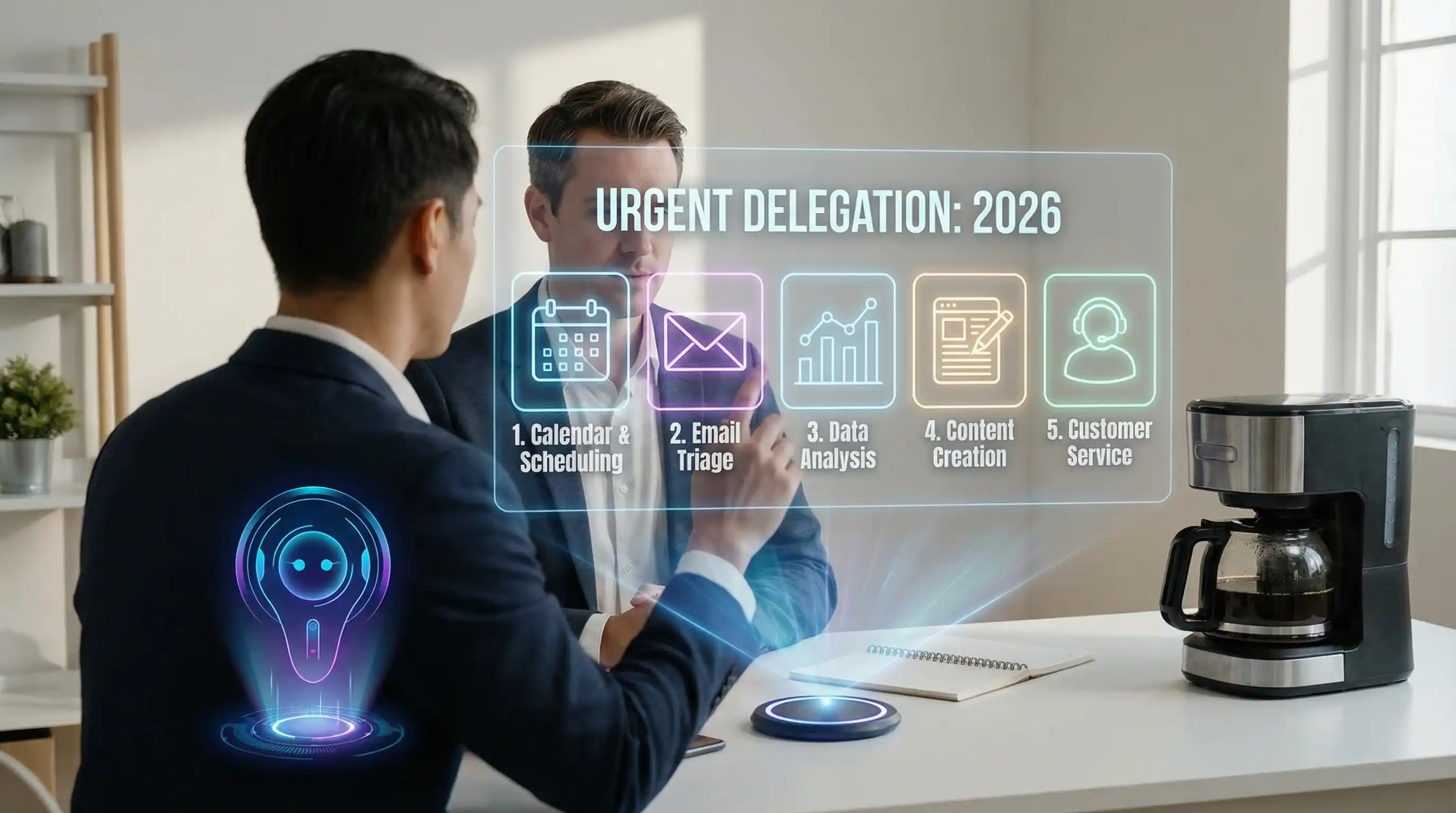 Solopreneur entouré de 5 agents IA qui gèrent prospection, support, comptabilité, contenu et veille